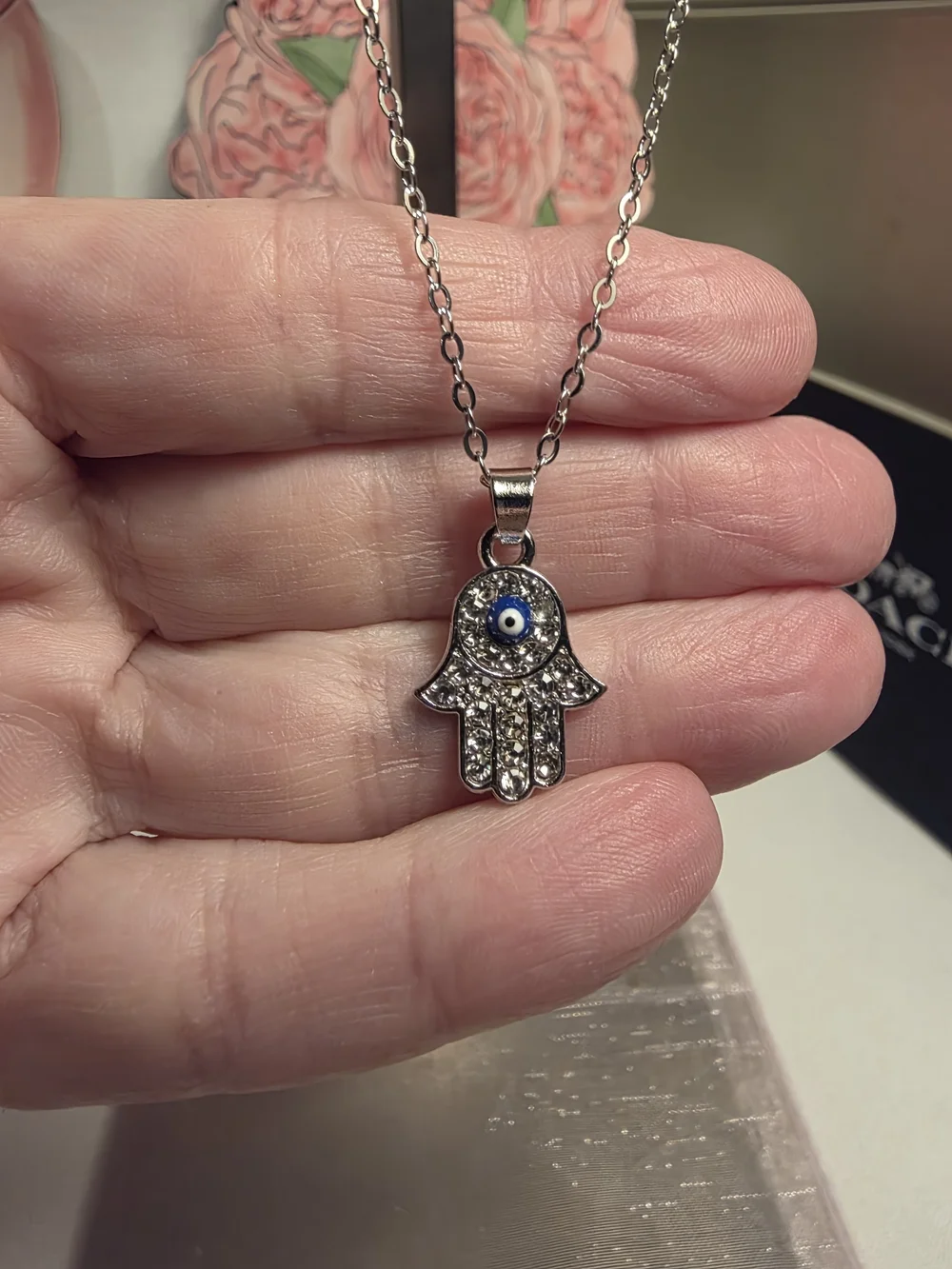 Sterling-Tone Hamsa Hand Necklace with Blue Evil Eye Accent